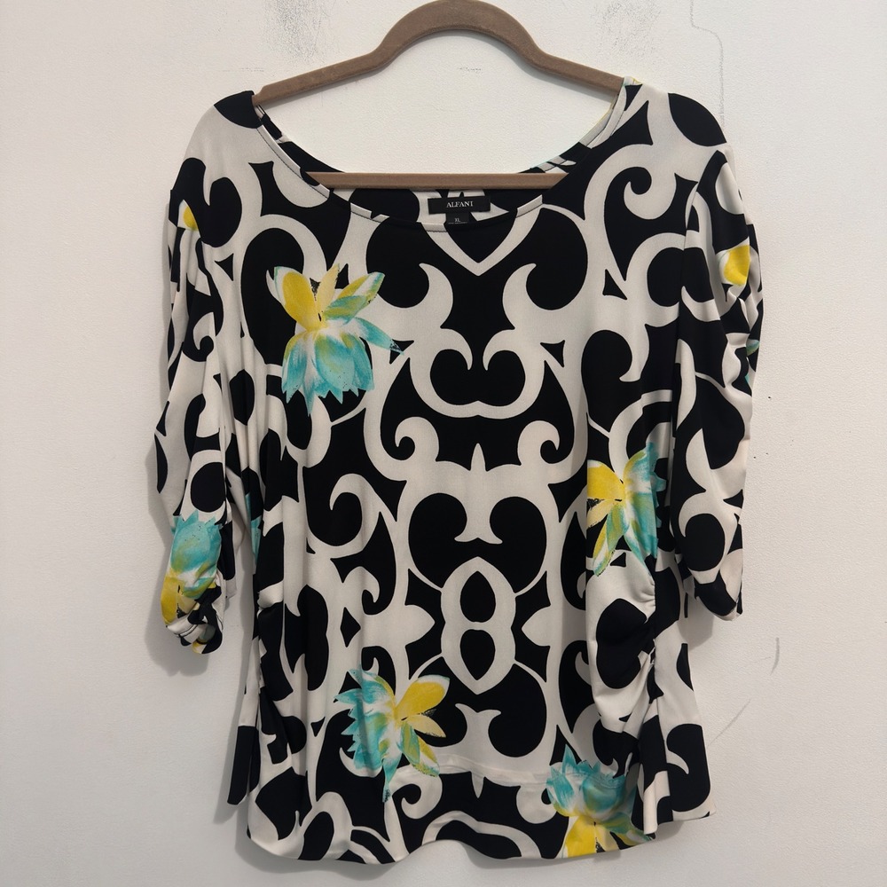 Alfani Blouse Womens XL Black White Scroll Floral Print Ruched Sleeve Stretch